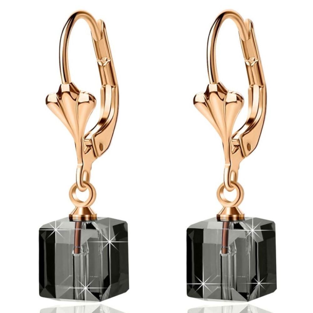 14K Yellow Gold with Charcoal Gray Austrian Crystal Cube Leverback Drop Earrings